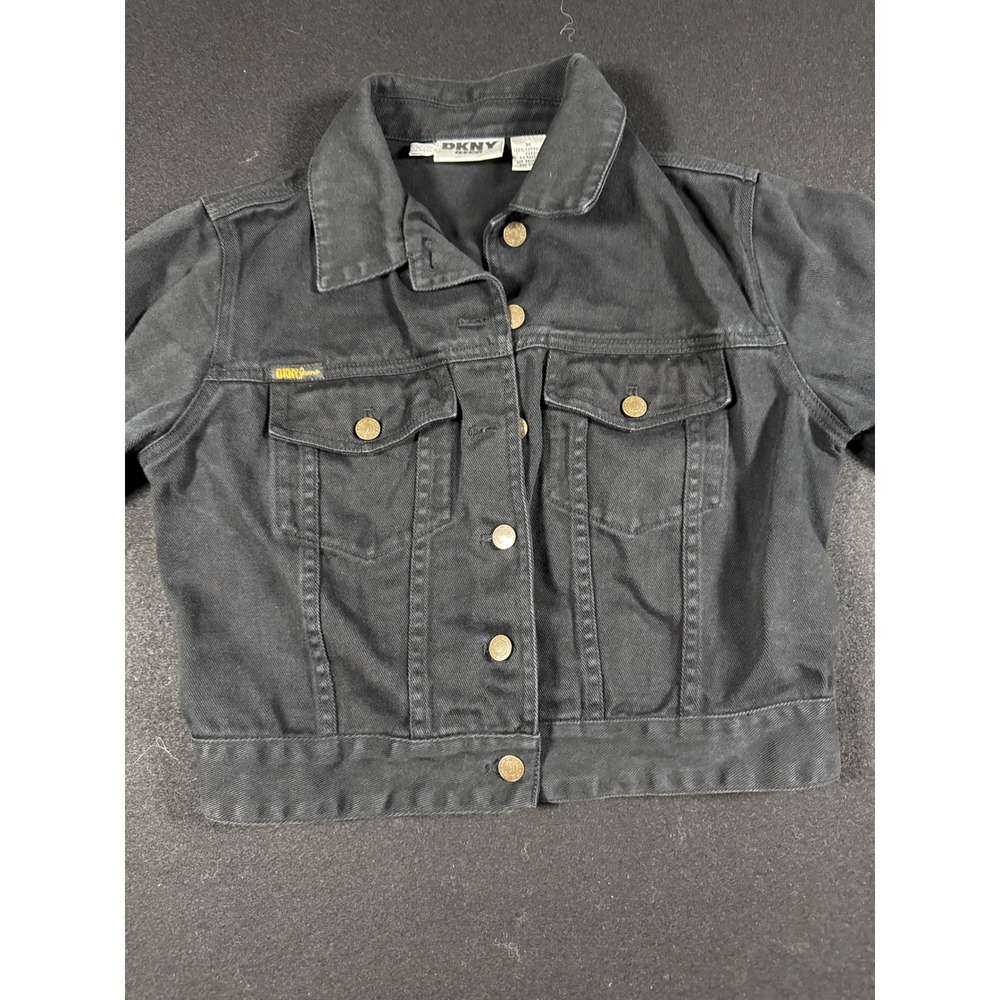 DKNY Jeans Vintage Black Denim Jacket Womens Medium Cropped Cotton Button Up